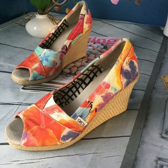 Tom’s Toms Katalina Floral Peep Toe Calypso Corbel Classic Wedge Women Sandals - Picture 9 of 9